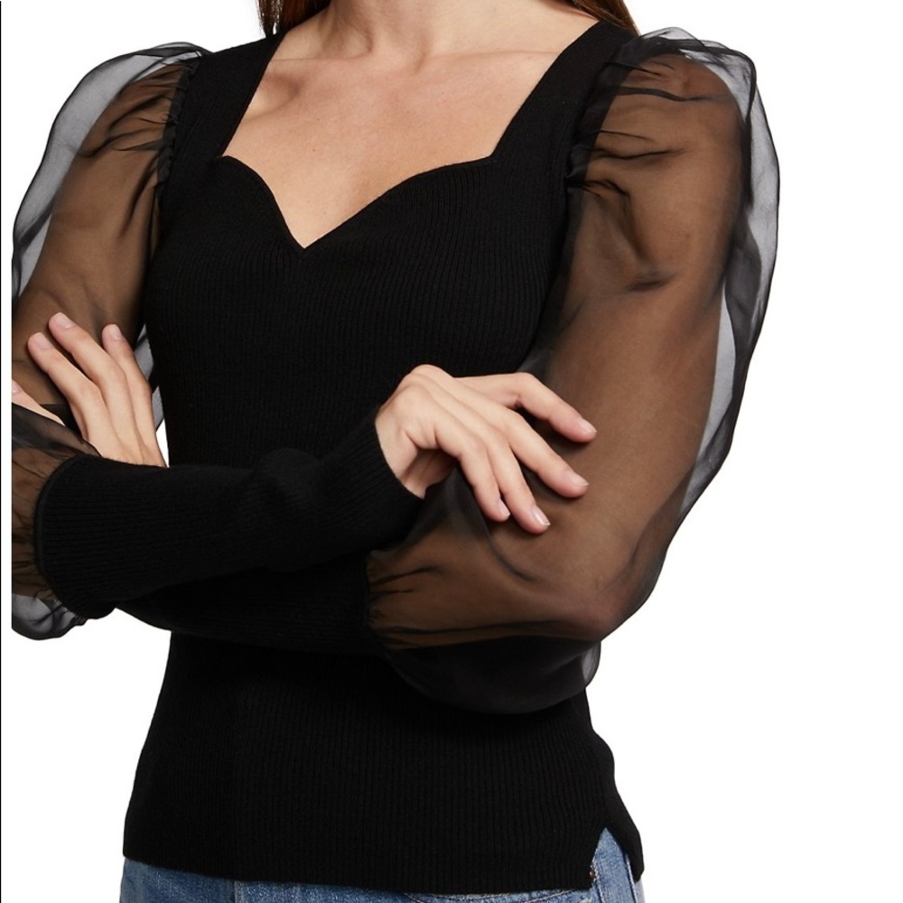Veronica Beard Black Sheer Puff-Sleeve Sweater